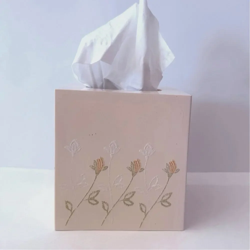 Vintage Plastic Tissue Box Cover Pink Peach Raised Orange White Flowers Japan 5”